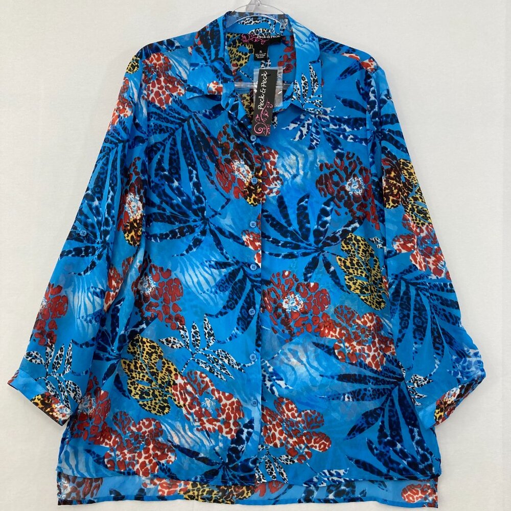 New Peck & Peck Button Down size XL‎ Blue Multi Floral Soft Flowy Office Career